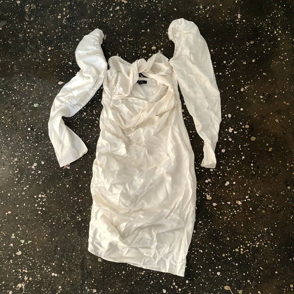 The Bar Twist Dress Ivory White Silk Puff Long Sleeve - Picture 7 of 8